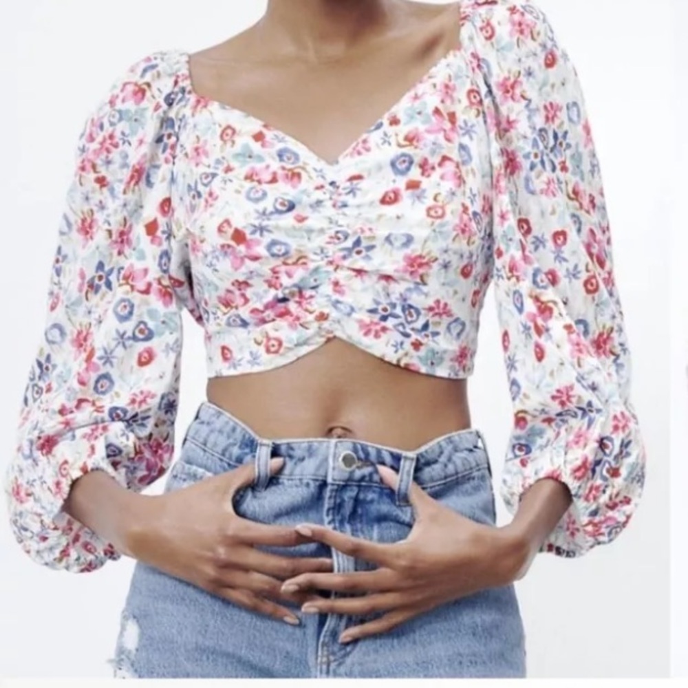 Zara NWT linen blend balloon sleeve floral tie back crop top